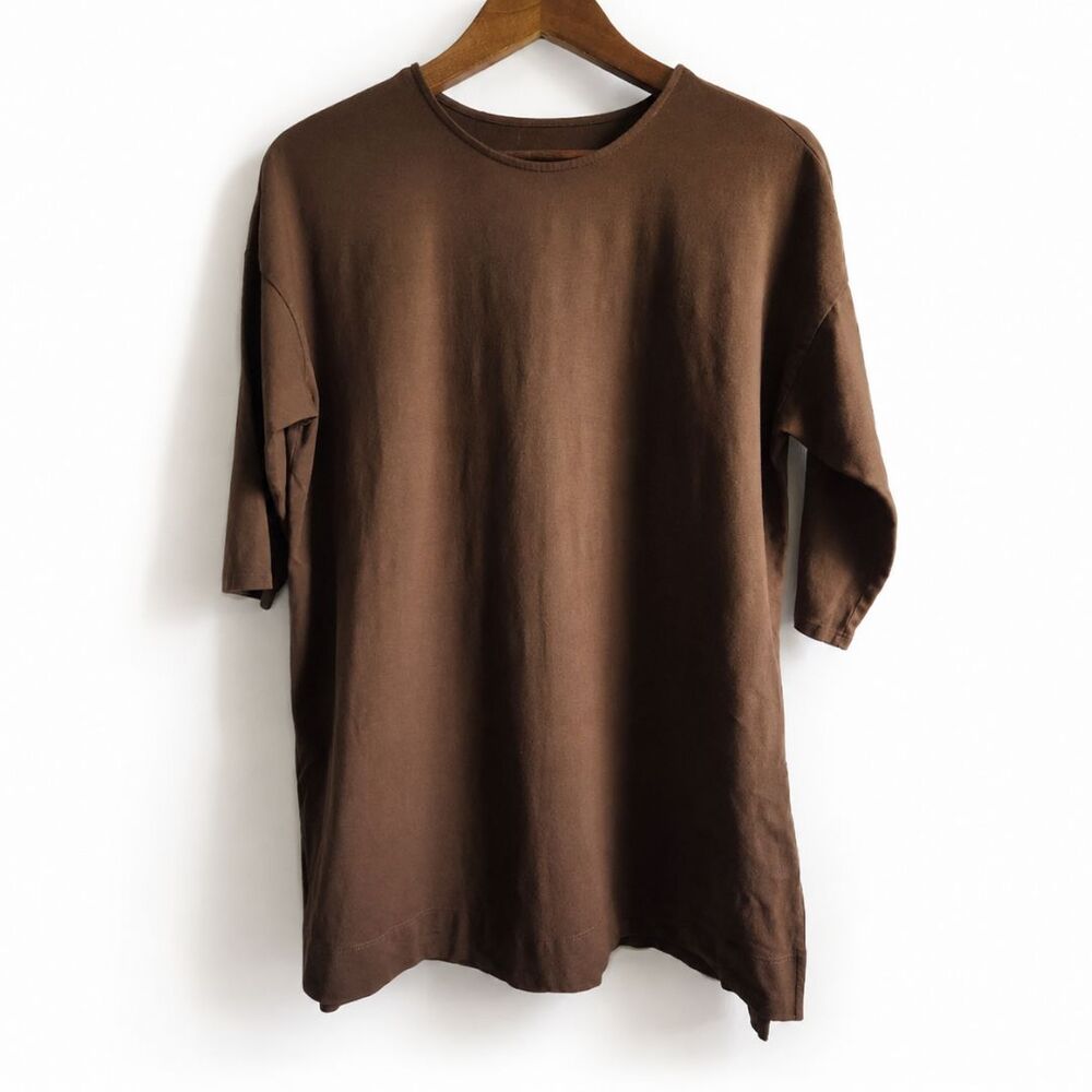 J Jill Luxe Supima Cotton Ballet Sleeve Tunic Top Shirt Brown Minimalist Size L